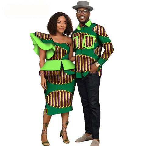 Image of Fabulosity African Couple Clothing Gold Ankara Dress and Shirt-FrenzyAfricanFashion.com