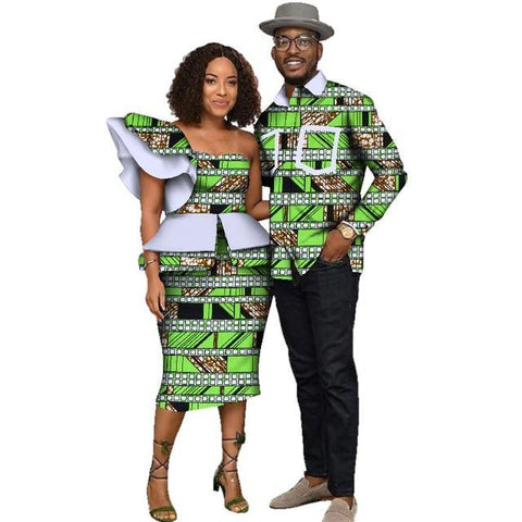 Image of Fabulosity African Couple Clothing Gold Ankara Dress and Shirt-FrenzyAfricanFashion.com