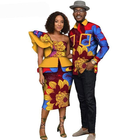 Image of Fabulosity African Couple Clothing Gold Ankara Dress and Shirt-FrenzyAfricanFashion.com