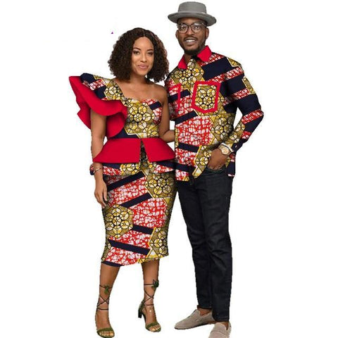 Image of Fabulosity African Couple Clothing Gold Ankara Dress and Shirt-FrenzyAfricanFashion.com