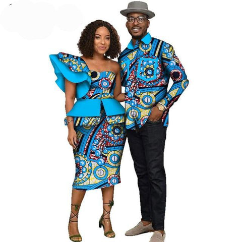 Image of Fabulosity African Couple Clothing Gold Ankara Dress and Shirt-FrenzyAfricanFashion.com