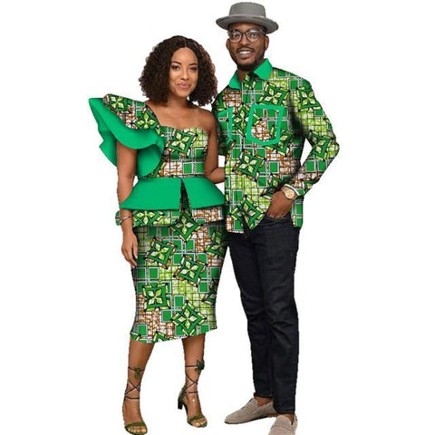 Image of Fabulosity African Couple Clothing Gold Ankara Dress and Shirt-FrenzyAfricanFashion.com