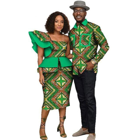 Image of Fabulosity African Couple Clothing Gold Ankara Dress and Shirt-FrenzyAfricanFashion.com