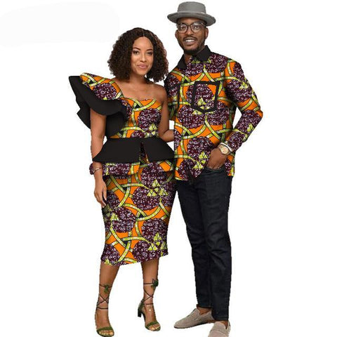 Image of Fabulosity African Couple Clothing Gold Ankara Dress and Shirt-FrenzyAfricanFashion.com