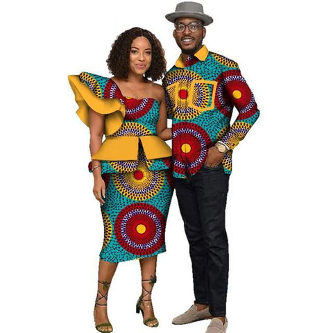 Image of Fabulosity African Couple Clothing Gold Ankara Dress and Shirt-FrenzyAfricanFashion.com