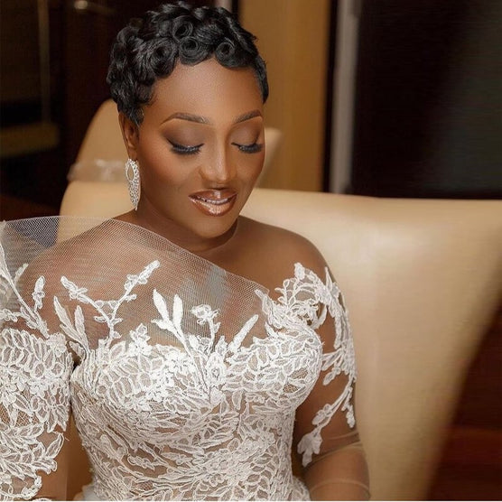 One Shoulder Lace Aline Wedding Dress Side Drape - Cynthia-FrenzyAfricanFashion.com
