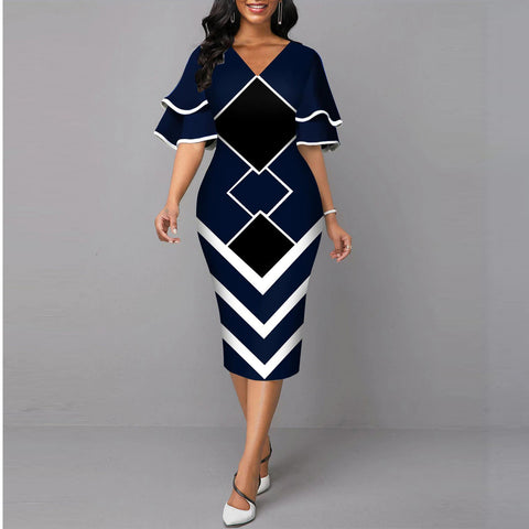 Image of Women Geometric Print Bodycon Dress with layered Sleeves-FrenzyAfricanFashion.com