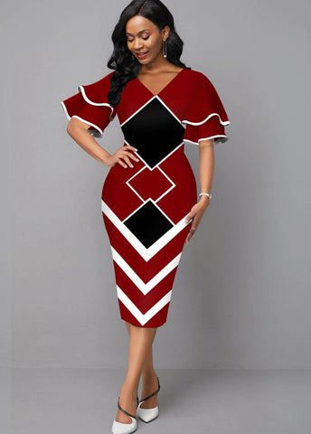 Image of Women Geometric Print Bodycon Dress with layered Sleeves-FrenzyAfricanFashion.com