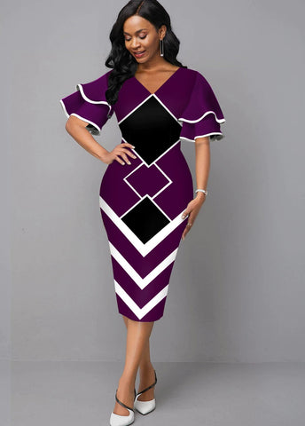 Image of Women Geometric Print Bodycon Dress with layered Sleeves-FrenzyAfricanFashion.com
