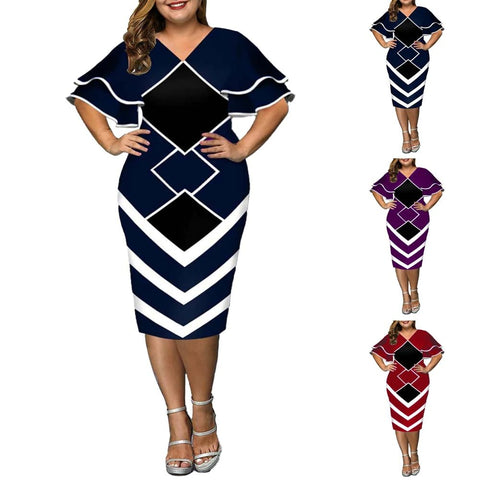 Image of Women Geometric Print Bodycon Dress with layered Sleeves-FrenzyAfricanFashion.com