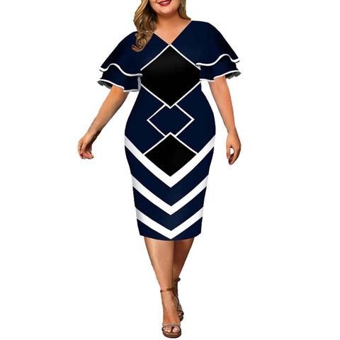 Image of Women Geometric Print Bodycon Dress with layered Sleeves-FrenzyAfricanFashion.com