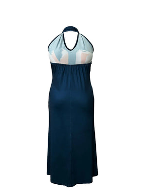 Plus Size Casual Dress, Women's Plus Colorblock Random Print Halter Neck Backless Maxi Summer Dress