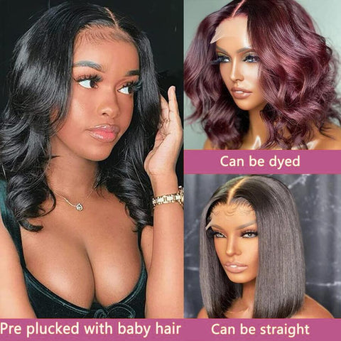 Image of Human Hair Wigs For Women Glueless Body Wave 4x4 Short Bob Wig Lace Closure Wig Peruvian Virgin Wavy Human Hair Wig PrePlucked-FrenzyAfricanFashion.com