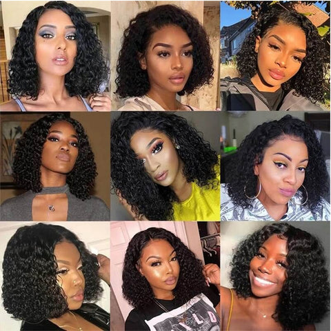 Image of Short Curly Bob Wig For Black Women Brazilian Human Hair Wigs Prepluck With Baby Hair Deep Water Wave Lace Frontal Closure Wig-FrenzyAfricanFashion.com