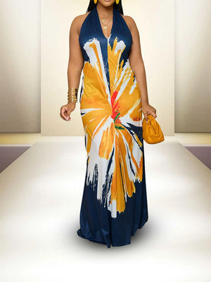 Plus Size Casual Dress, Women's Plus Colorblock Random Print Halter Neck Backless Maxi Summer Dress-FrenzyAfricanFashion.com