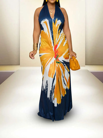 Image of Plus Size Casual Dress, Women's Plus Colorblock Random Print Halter Neck Backless Maxi Summer Dress-FrenzyAfricanFashion.com