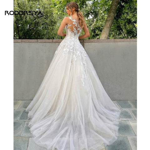 Image of Wedding Dress A-Line O-Neck Illusion Button Tulle Bridal Gown-FrenzyAfricanFashion.com