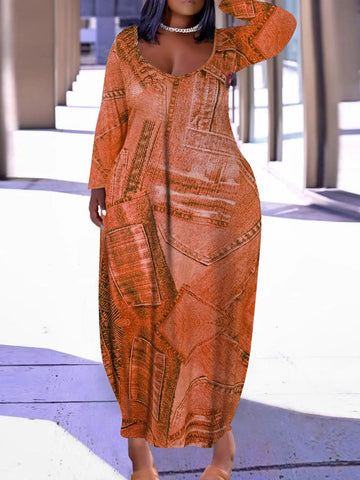 Image of Plus Size Casual Dress Women's Denim Print Long Sleeve Maxi Dress-FrenzyAfricanFashion.com