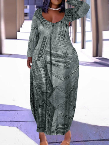 Image of Plus Size Casual Dress Women's Denim Print Long Sleeve Maxi Dress-FrenzyAfricanFashion.com