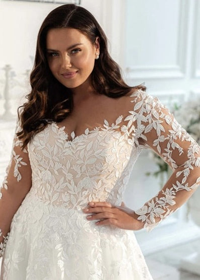 Plus Size Wedding Gowns Elegant Long Sleeves Lace Bride Dress Tulle Applique Sweep Train-FrenzyAfricanFashion.com
