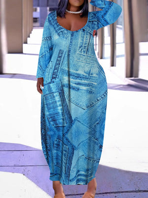 Plus Size Casual Dress Women's Denim Print Long Sleeve Maxi Dress-FrenzyAfricanFashion.com