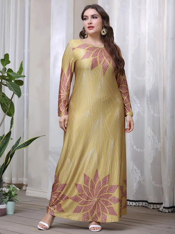 Image of Winter Dress Woman Long Sleeve Retro Floral Printing Vintage Luxury Abaya Dubai Muslim Dress-FrenzyAfricanFashion.com