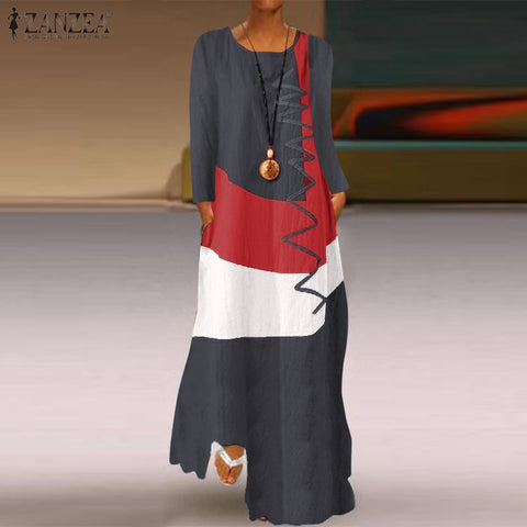 Image of ZANZEA 2022 Womens Autumn Sundress Stitching Maxi Dress Casual Long Sleeve Tunic Vestidos Female Cotton Linen Robe-FrenzyAfricanFashion.com