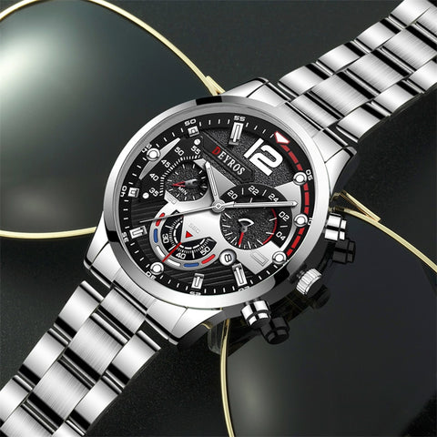 Image of Luxury Mens Watches Fashion Stainless Steel Quartz Wrist Watch Calendar Date Luminous Clock Men Business Casual Leather Watch-FrenzyAfricanFashion.com