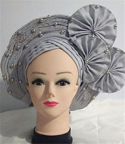 Image of African headtie nigerian gele headties with beads and stones women head wrap sewing fabric for party 1set-FrenzyAfricanFashion.com