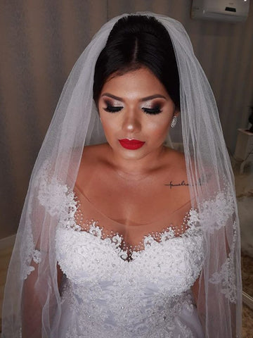 Image of Lace Wedding Dress Plus Size Illusion Long Sleeve Pearls Beading Appliques White Bridal Gowns-FrenzyAfricanFashion.com