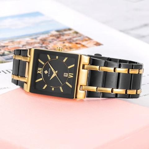 Image of Luxury Square Dress Black Gold Quartz Wrist Watch Stainless Steel Waterproof Women Watch-FrenzyAfricanFashion.com
