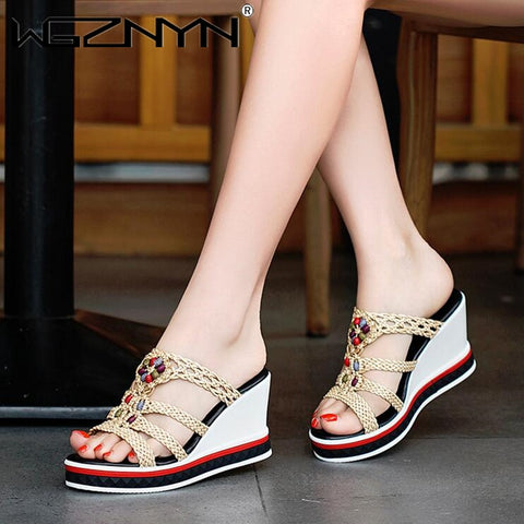 Image of Brand Women Slippers Platform Wedge Peep Toe Casual Bling Color Mixing Slide Outdoor Beach Ladies Shoes Woman Zapatos De Mujer-FrenzyAfricanFashion.com