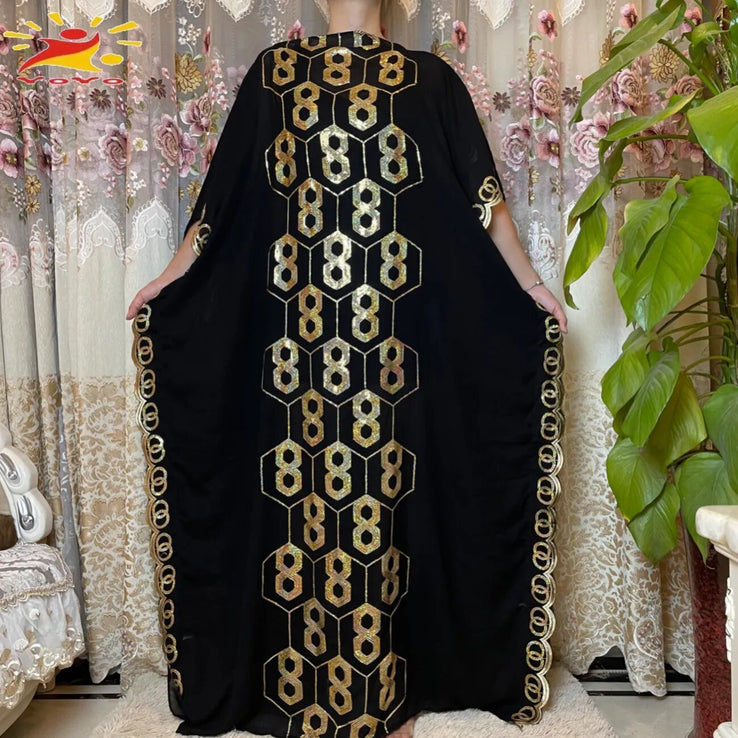Women Abaya African Embroidery Flower Dress With Scarf-FrenzyAfricanFashion.com