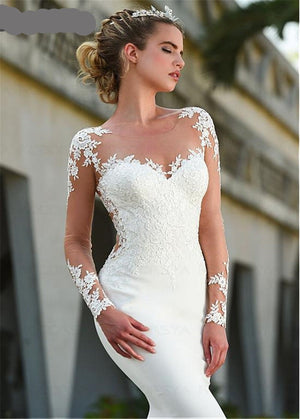 Floniel Designer Long Sleeves Sheer Illusion Lace Appliques Mermaid Wedding Dresses Bridal Gowns See Through Back