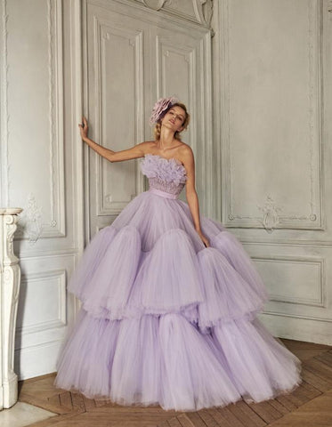 Image of Lavender Purple Ball Gown Dress Beaded Ruffles Dress Lush Tulle Dress For Women Fluffy Prom Dresses Soft Wedding Dress For Bride-FrenzyAfricanFashion.com