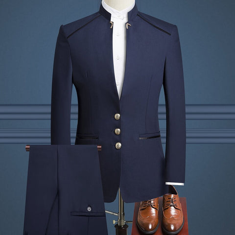 Image of Nostalgic Suit Man Wedding Solid Color Gold Button Blazers Slim Fit Tuxedo Suit-FrenzyAfricanFashion.com