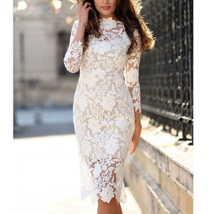Fashion Designer White Lace Party dress Women Sexy Long Sleeve Lace Crochet Hollow Out Slim Bodycon Dress