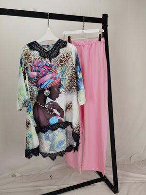 African New Fashion Lace Collar Suit (Dress and Trousers)Bat SLeeve  Suit Oversized African For Lady(KSTZ1#)