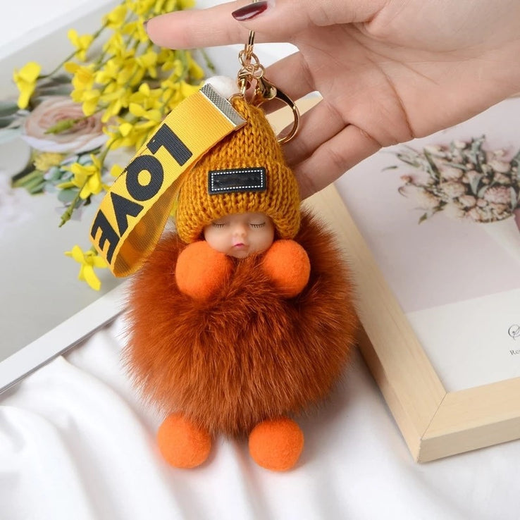 Real Fox Fur Pompom Sleeping Baby Keychain Fluffy Plush Doll-FrenzyAfricanFashion.com