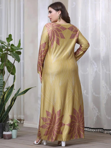 Image of Winter Dress Woman Long Sleeve Retro Floral Printing Vintage Luxury Abaya Dubai Muslim Dress-FrenzyAfricanFashion.com