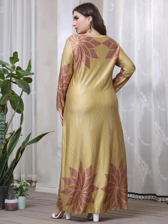 Winter Dress Woman Long Sleeve Retro Floral Printing Vintage Luxury Abaya Dubai Muslim Dress-FrenzyAfricanFashion.com