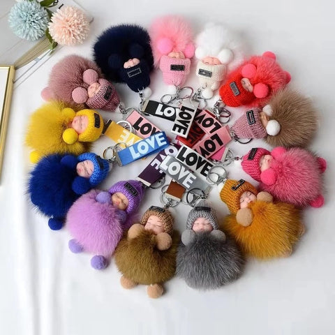 Image of Real Fox Fur Pompom Sleeping Baby Keychain Fluffy Plush Doll-FrenzyAfricanFashion.com
