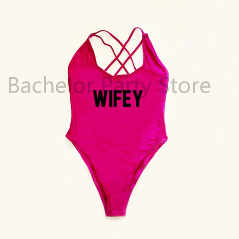 Image of WIFEY Letter Print One Piece Swimwear Women Cross Back Bathing Suit Beachwear-FrenzyAfricanFashion.com