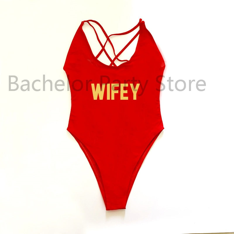 WIFEY Letter Print One Piece Swimwear Women Cross Back Bathing Suit Beachwear-FrenzyAfricanFashion.com