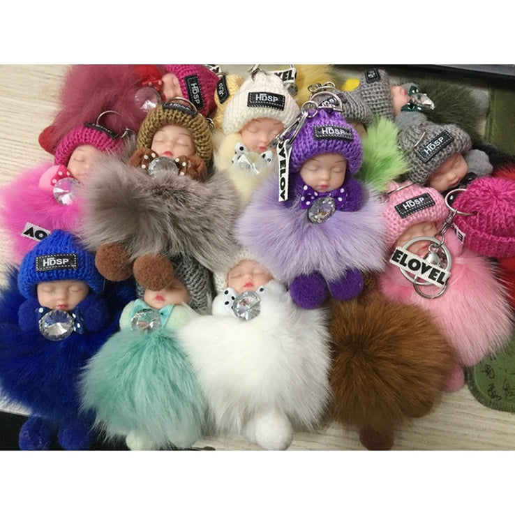 Real Fox Fur Pompom Sleeping Baby Keychain Fluffy Plush Doll-FrenzyAfricanFashion.com