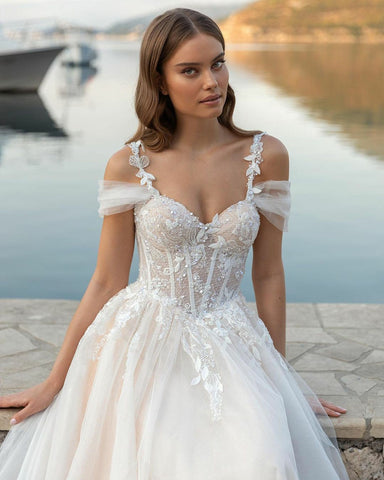 Image of Nelly Luxury Beach Wedding Dress Sweetheart Lace Appliques Off Shoulder Corset Princess Bridal Dress Wedding Gown-FrenzyAfricanFashion.com