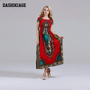 Cotton Vintage Dashiki Long Dress Petal Sleeve Slash Neck African Print Maxi Dresses - two wearing styles-FrenzyAfricanFashion.com