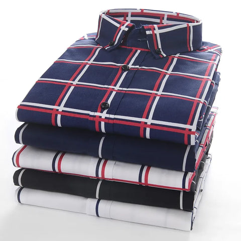Image of Men's Non-iron Long-Sleeve Buffalo Plaid Shirt Without Pocket Button Down Collar Casual Standard-fit Gingham 100% Cotton Shirts-FrenzyAfricanFashion.com