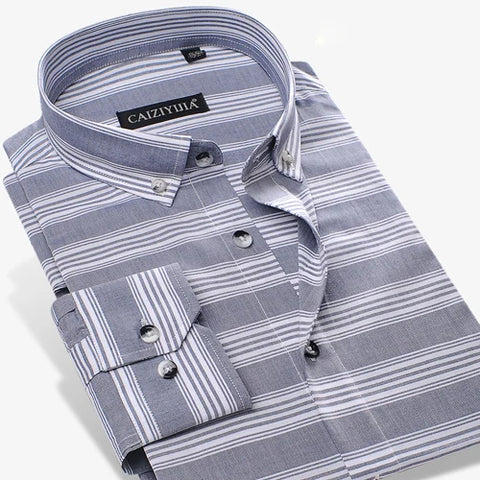 Image of Men's Long-Sleeve Colors Striped Pocketless Shirts Premium Quality 100% Cotton Standard-fit Button-down Daily Casual Tops Shirt-FrenzyAfricanFashion.com