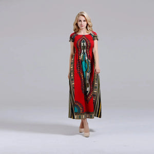 Cotton Vintage Dashiki Long Dress Petal Sleeve Slash Neck African Print Maxi Dresses - two wearing styles